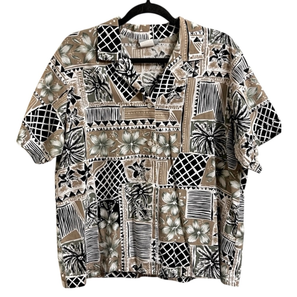 Vintage 80s 90s Blair Button Down Casual Neutral Floral Hawaiian Shirt Top Large